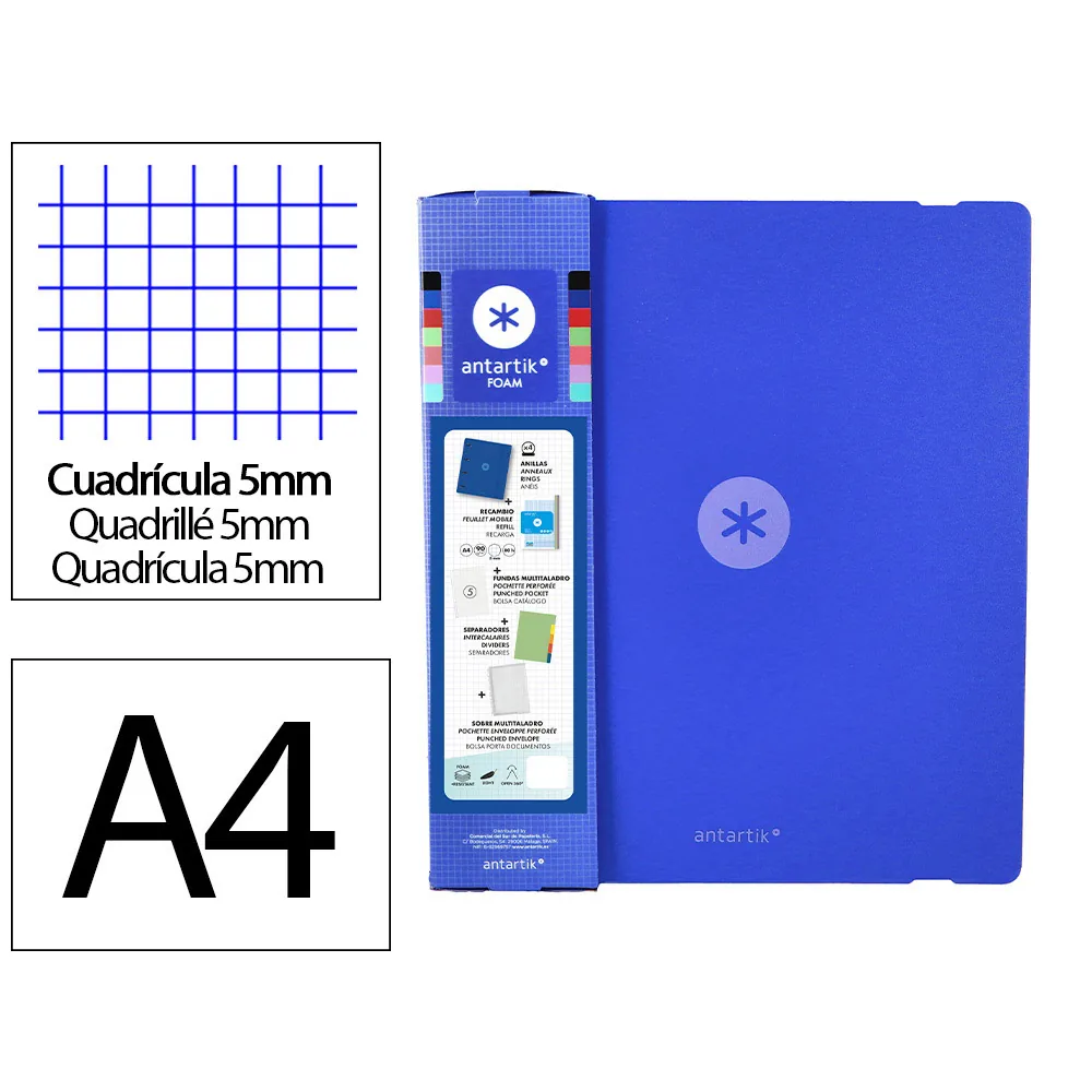 Carpeta con Recambio Antartik A4 Cuadro 5MM Foam 4 Anillas 35MM Mixtas Color Azul