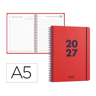 LIDERPAPEL Agenda Oficina Liderpapel 2027 Espiral Basic Dia Pagina A5 Bilingue 60G Papel Fsc Rojo
