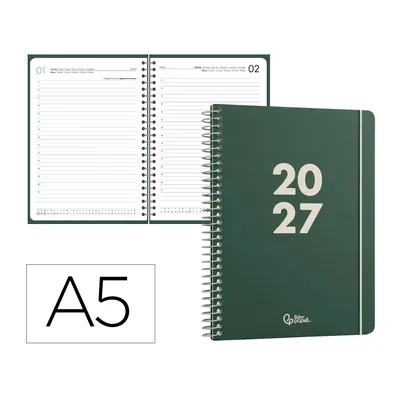 LIDERPAPEL Agenda Oficina Liderpapel 2027 Espiral Basic Dia Pagina A5 Bilingue 60G Papel Fsc Verde