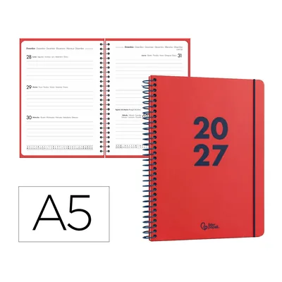 LIDERPAPEL Agenda Oficina Liderpapel 2027 Espiral Basic Semana Vista A5 Bilingue 60G Papel Fsc Rojo