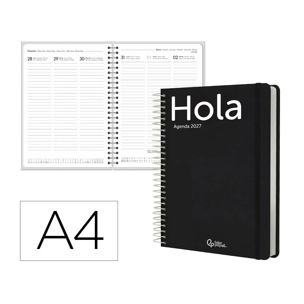 Agenda Oficina Liderpapel 2027 Espiral Classic Semana Vista A4 Bilingue 70G Papel Fsc Negro