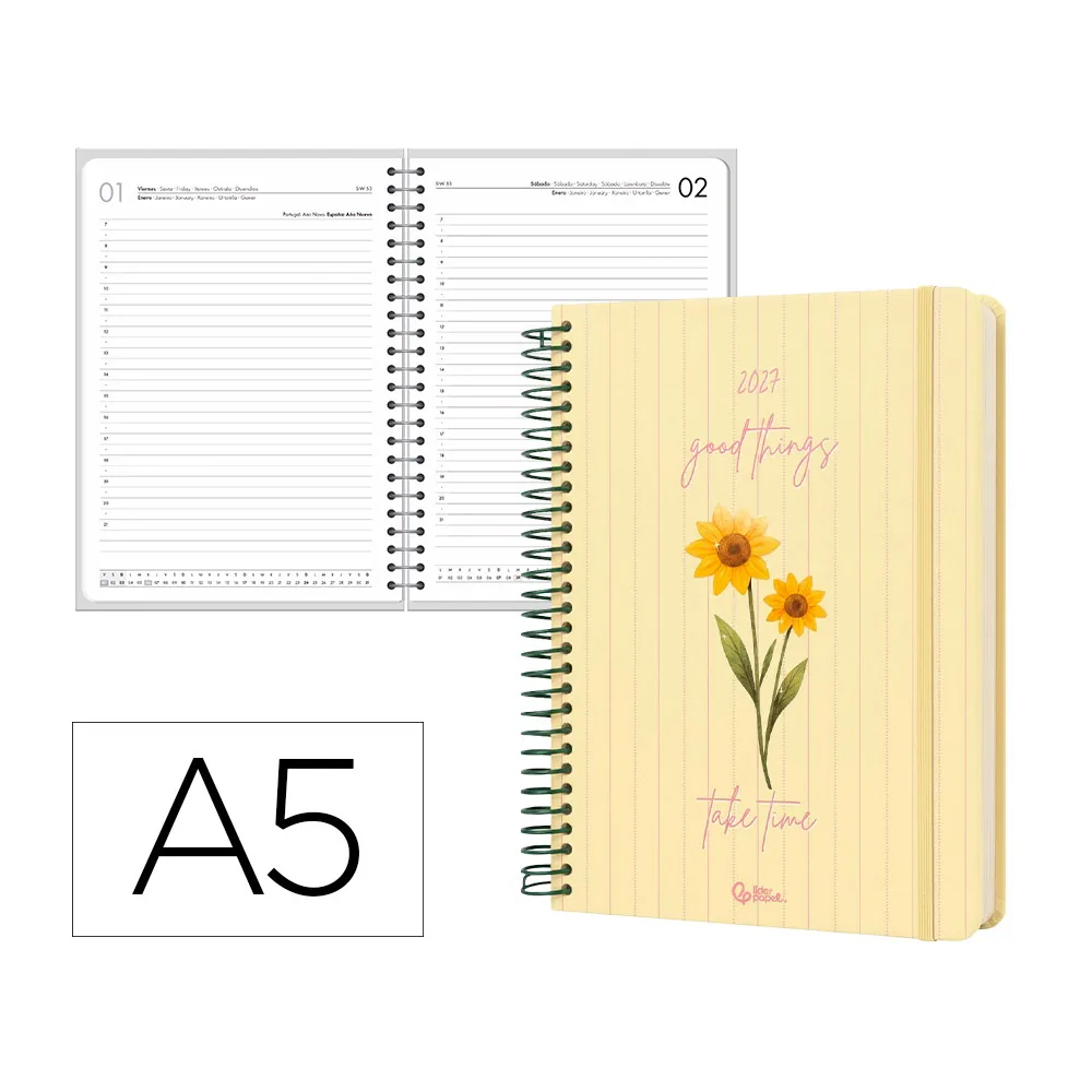Agenda Oficina Liderpapel 2027 Espiral Flowers a Dia Pagina A5 Bilingue 70G Papel Fsc Amarillo