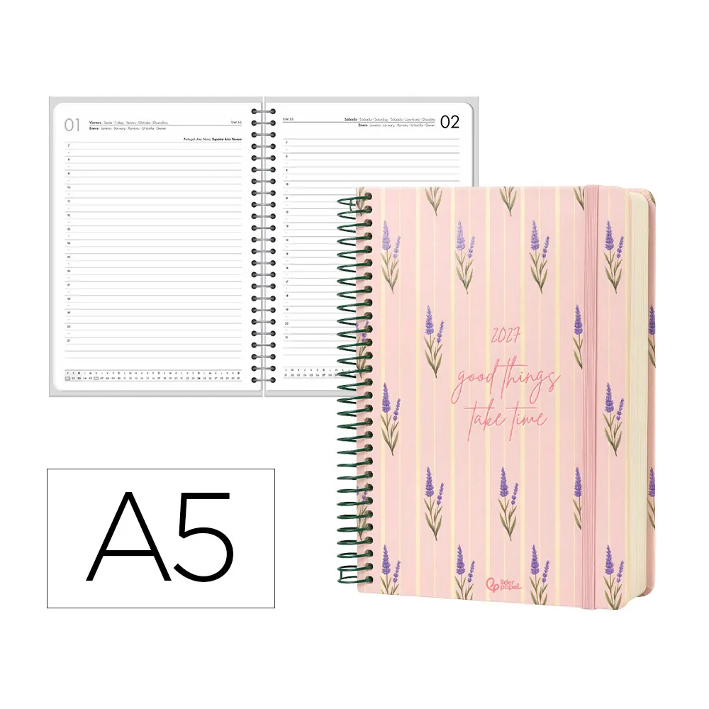 Agenda Oficina Liderpapel 2027 Espiral Flowers a Dia Pagina A5 Bilingue 70G Papel Fsc Rosa