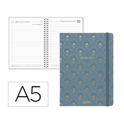 LIDERPAPEL Agenda Oficina Liderpapel 2027 Encuadernada Boho Dia Pagina A5 Bilingue 70G Papel Fsc Azul