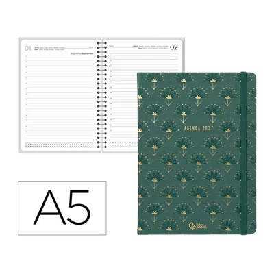 LIDERPAPEL Agenda Oficina Liderpapel 2027 Encuadernada Boho Dia Pagina A5 Bilingue 70G Papel Fsc Verde