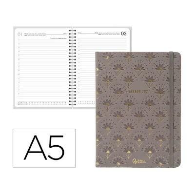 LIDERPAPEL Agenda Oficina Liderpapel 2027 Encuadernada Boho Dia Pagina A5 Bilingue 70G Papel Fsc Gris