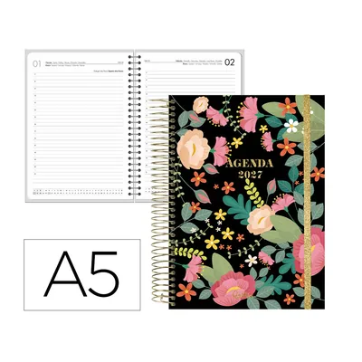 FANTA Agenda Oficina Liderpapel 2027 Espiral Fantasy Dia Pagina A5 Bilingue 70G Papel Fsc Negro