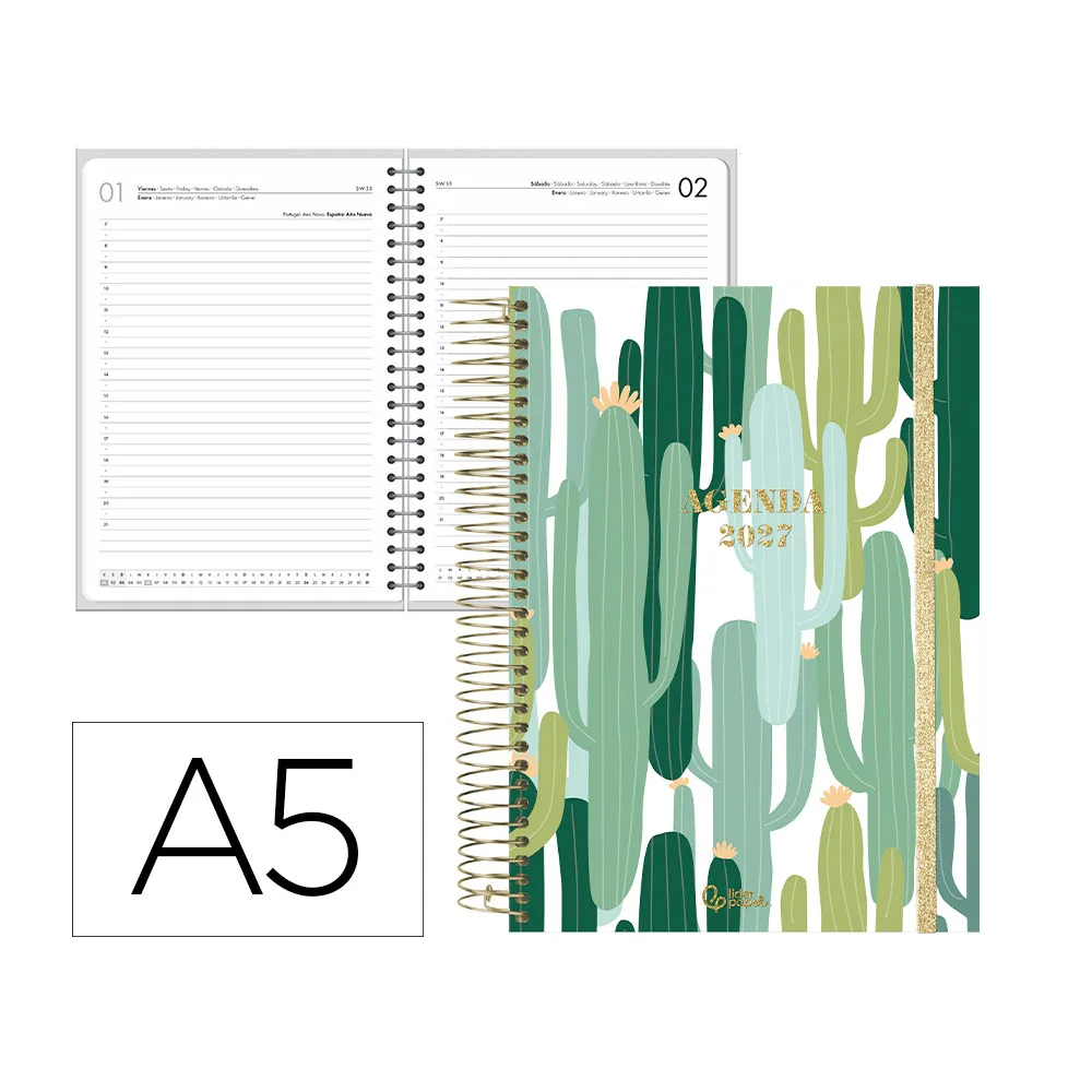 Agenda Oficina Liderpapel 2027 Espiral Fantasy Dia Pagina A5 Bilingue 70G Papel Fsc Cactus