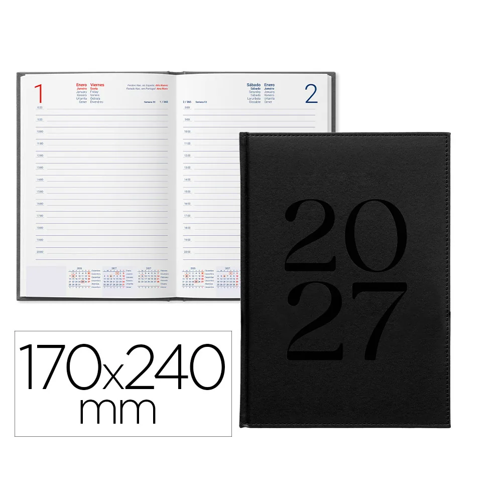 Agenda Oficina Liderpapel 2027 Encuadernada Creta Dia Pagina 170X240 MM Bilingue 70G Papel Fsc Negro