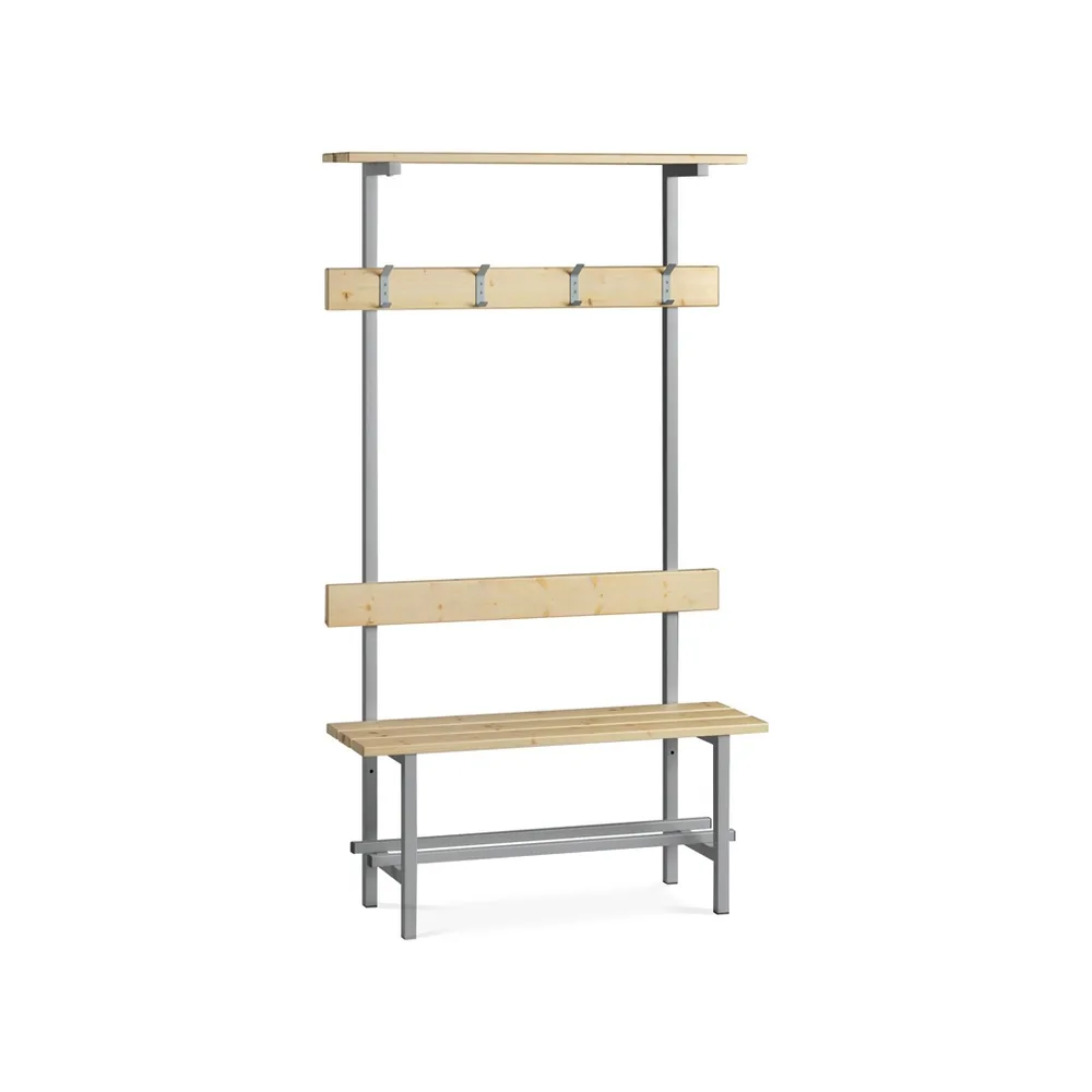 Banco de Madera con Zapatero y Perchero Superior Estructura Acero y Listones de Pino Barnizados 1500 MM
