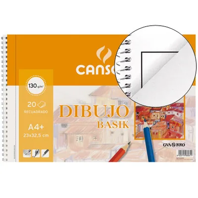 CANSON Bloc Dibujo Basik DIN A4+ Espiral 23 X 32.5 CM 20 Hojas Microperforado 2 Taladros -con Recuadro