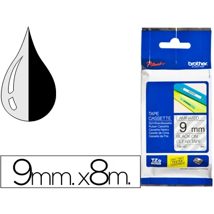 Cinta Brother TZE121 Transparente-negro 9MM Longitud 8 M