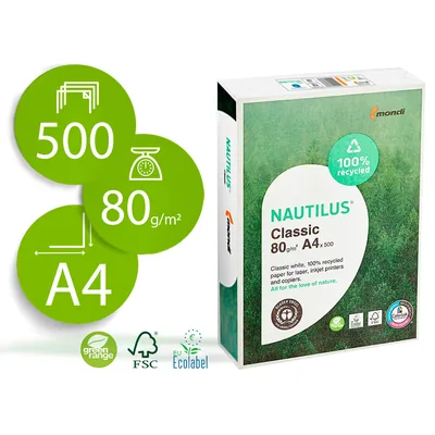 NAUTILUS Papel Fotocopiadora Nautilus DIN A4 80 Gramos Paquete de 500 Hojas 100% Reciclado