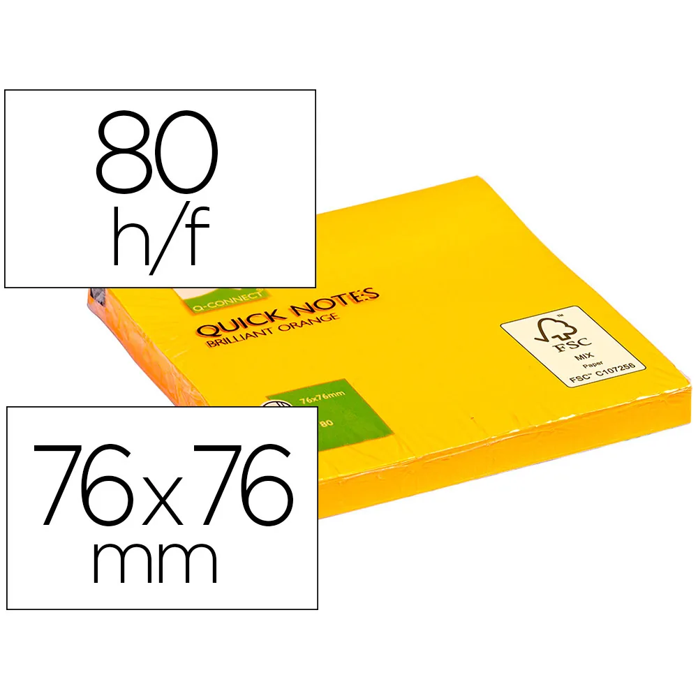 Bloc de Notas Adhesivas Quita y Pon Q-Connect 76X76 MM Naranja Neon 80 Hojas