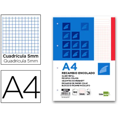 LIDERPAPEL Bloc Encolado Liderpapel Cuadro 5MM Rojo A4 Natural 100 Hojas 70 G/M2
