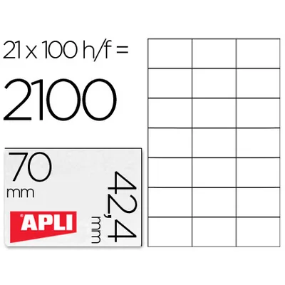 APLI Etiqueta Adhesiva Apli 1276 Tamaño 70X42,4 MM para Fotocopiadora Laser Ink-jet Caja con 100 Hojas DIN A4