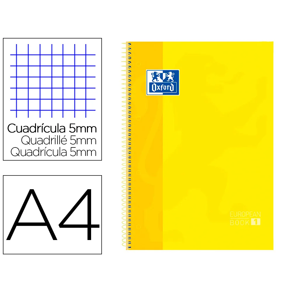 Bloc Espiral Oxford Tapa Extradura Microperforado DIN A4 80 Hojas Cuadros 5MM Color Amarillo