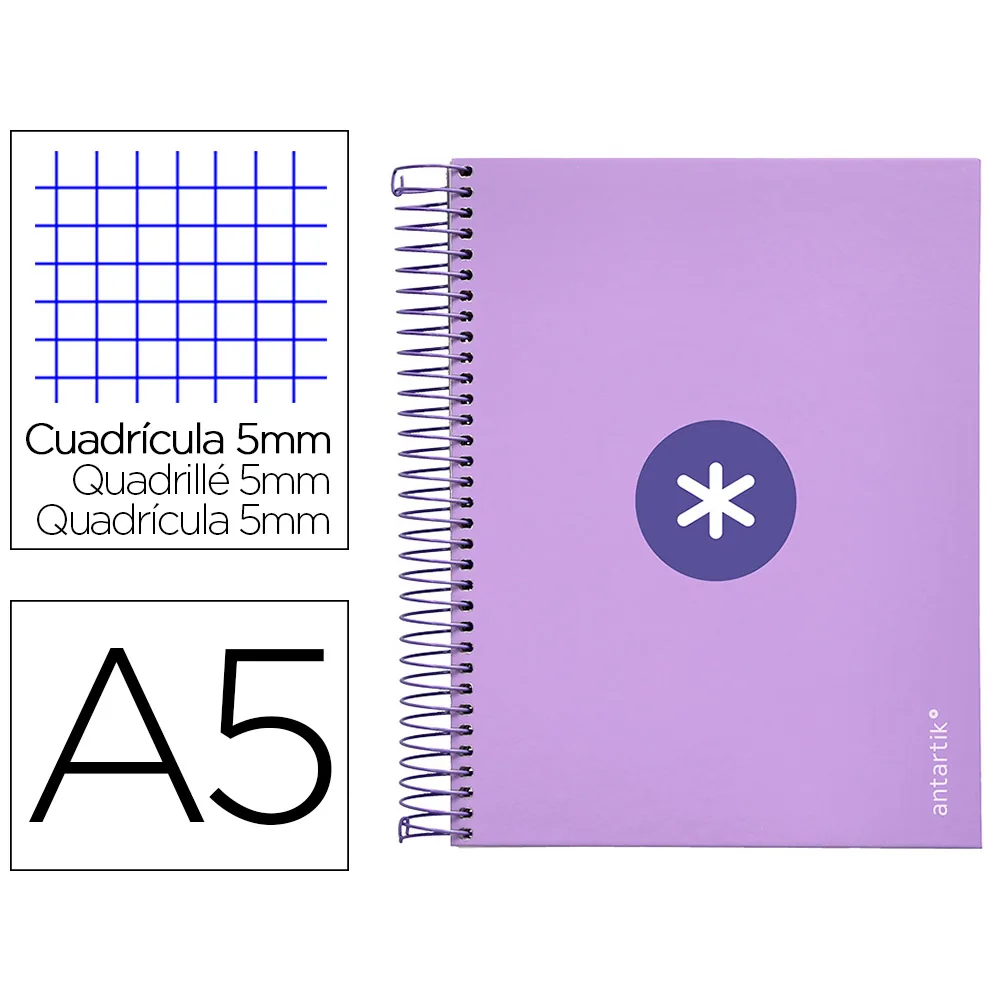 Cuaderno Espiral A5 Micro Antartik Tapa FORRADA120H 90 GR Cuadro 5MM 5 Banda 6 Taladros Color Lavanda