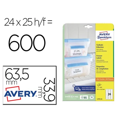 AVERY Etiqueta Adhesiva Avery para Congelador Blanca 63,5X33,9 MM Ink-jet Laser Fotocopiadorapack de 600 Unidades