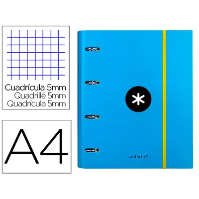 ANTARTIK Carpeta con Recambio Antartik A4 Cuadro 5MM Forrada 4 Anillas 40MM Redondas con Solapa Color Azul