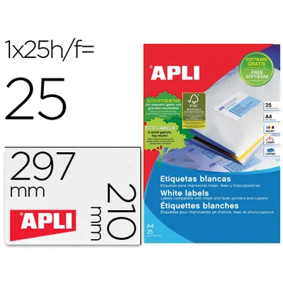 APLI Etiqueta Adhesiva Apli 1215 210X297 MM para Fotocopiadora Laser Ink-jet Caja con 25 Hojas