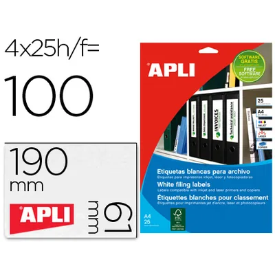 APLI Etiqueta Adhesiva Apli 1233 Tamaño 190X61 MM para Fotocopiadora Laser Ink-jet Caja 25 Hojas con 100