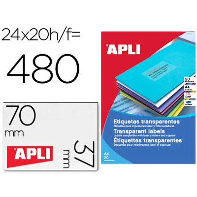 APLI Etiqueta Adhesiva Apli 1224 Transparentes Tamaño 70X37 MM para Fotocopiadora Laser Caja 20 Hojas con 480 Etiquetas