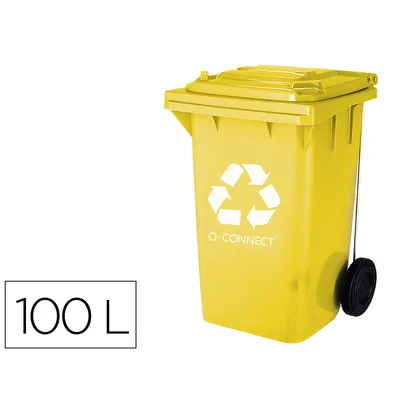 Q-CONNECT Papelera Contenedor Q-Connect Plastico Amarillo para Plasticos y Envases Metalicos 100L con Tapa y Ruedas 750X470X370 MM