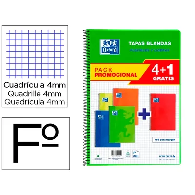 OXFORD Bloc Espiral Oxford Tapa Blanda Folio 80 Hojas 90GR Cuadro 4 MM Colores Vivos Pack de 4+1