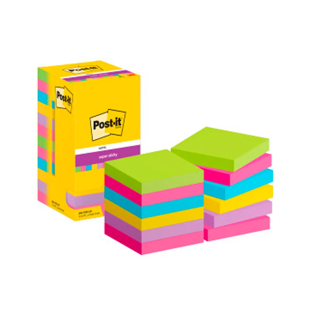 Bloc de Notas Adhesivas Quita y Pon Post-It Super Stick Ultra 76X76 MM Pack de 12 Bloc Verde Rosa Amarilla