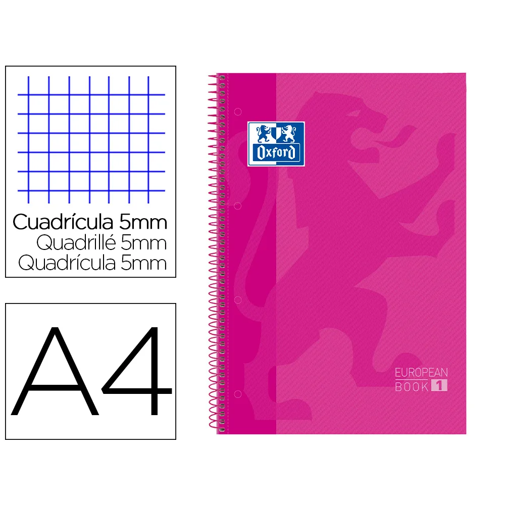 Bloc Espiral Oxford European Book Tapa Extradura DIN A4 80 Hojas Cuadricula 5 MM Color Rosa