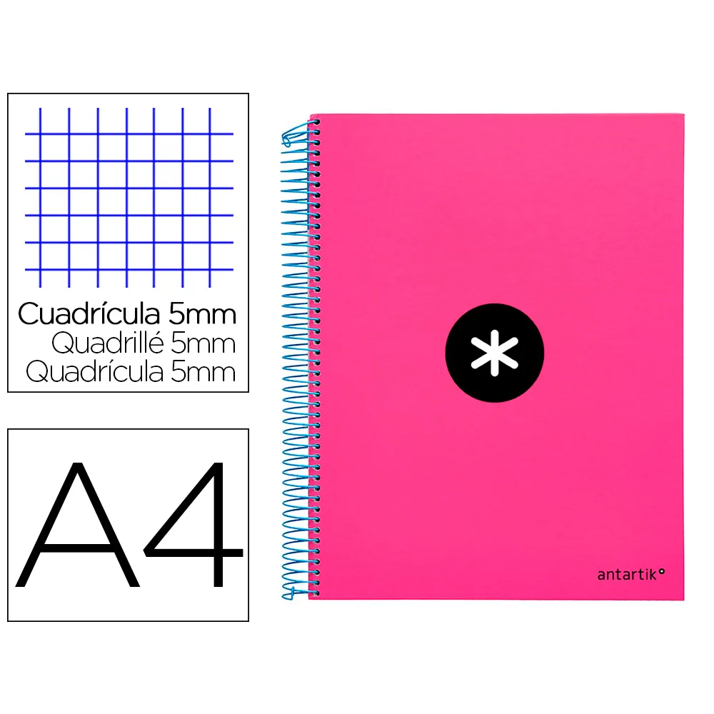 Cuaderno Espiral A4 Micro Antartik Tapa Forrada 120H 90 GR Cuadro 5MM 5 Bandas 4 Taladros Color Rosa