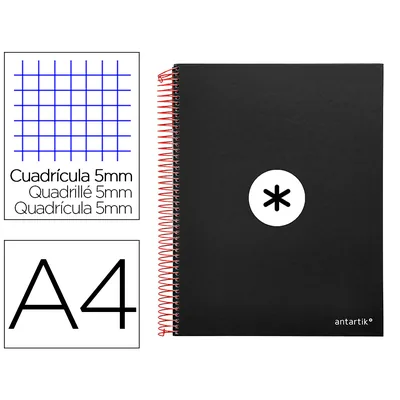 ANTARTIK Cuaderno Espiral A4 Micro Antartik Tapa Forrada 120H 90 GR Cuadro 5MM 5 Bandas 4 Taladros Color Negro