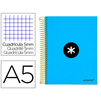 ANTARTIK Cuaderno Espiral A5 Micro Antartik Tapa FORRADA120H 90 GR Cuadro 5MM 5 BANDAS6 Taladros Color Azul