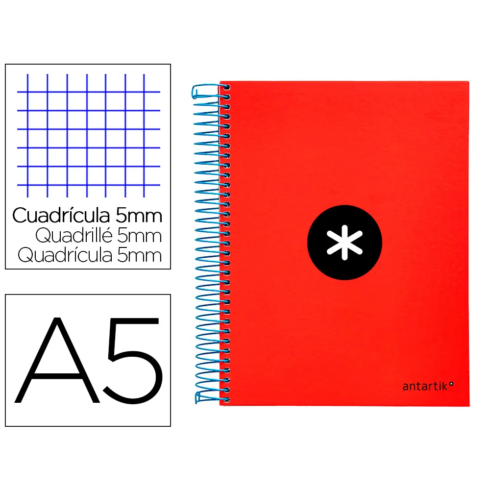 Cuaderno Espiral A5 Micro Antartik Tapa FORRADA120H 90 GR Cuadro 5MM 5 BANDAS6 Taladros Color Rojo