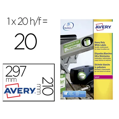 AVERY Etiqueta Adhesiva Avery Poliester Blanca 210X297 MM Resistente Laser Pack de 20 Unidades