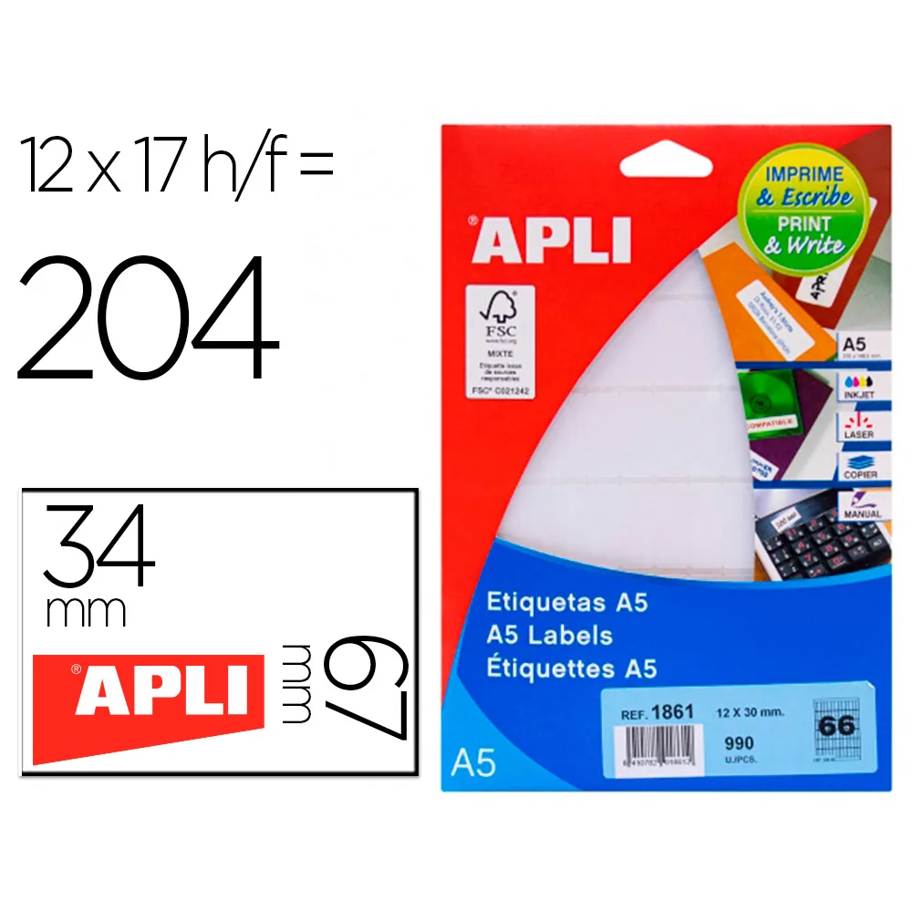 Etiqueta Adhesiva Apli Blanca 12X30 MM Sobre A5 de 990 Unidades