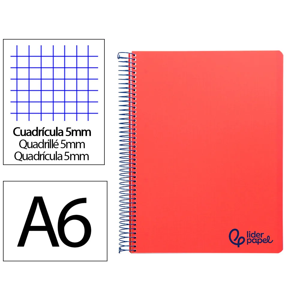 Cuaderno Espiral Liderpapel A6 Micro Wonder Tapa Plastico 120H 90 GR Cuadro 5MM 4 Bandas Color Rojo