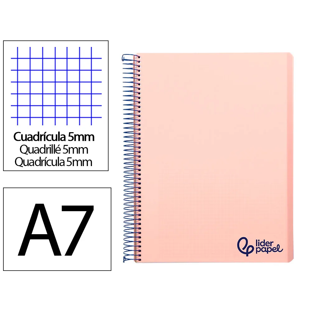 Cuaderno Espiral Liderpapel A7 Micro Wonder Tapa Plastico 100H 90GR Cuadro 5MM 4 Bandas Color Rosa